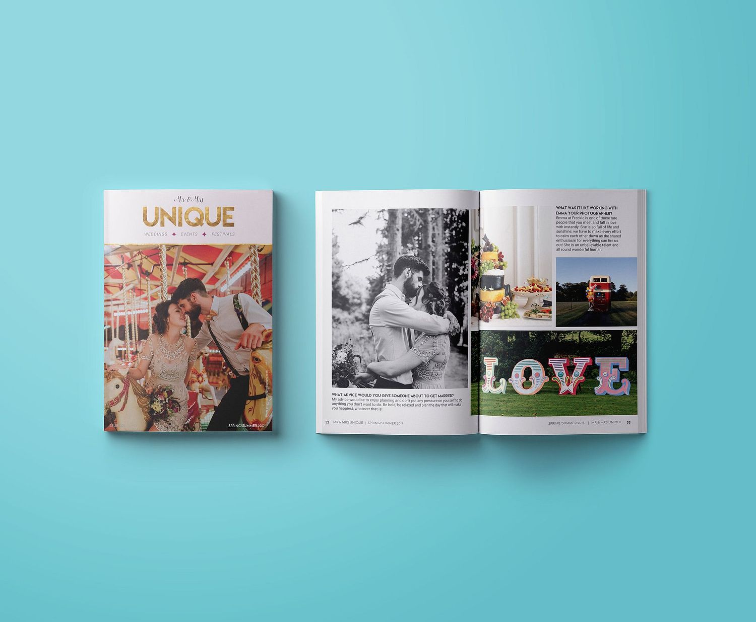 Wedding magazine spread and front cover showing kissing couple