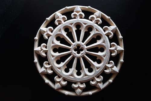 A new, hand-carved basswood halo for the statue of the Blessed Virgin Mary