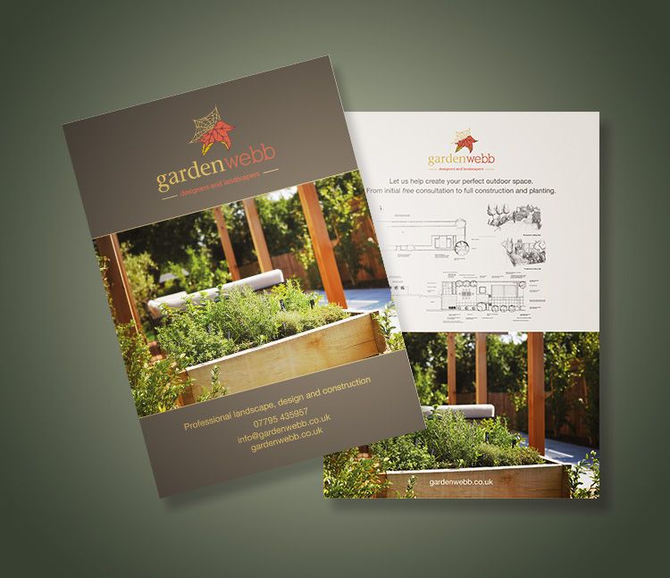 leaflet for garden landscaper showing wooden planters and a garden design