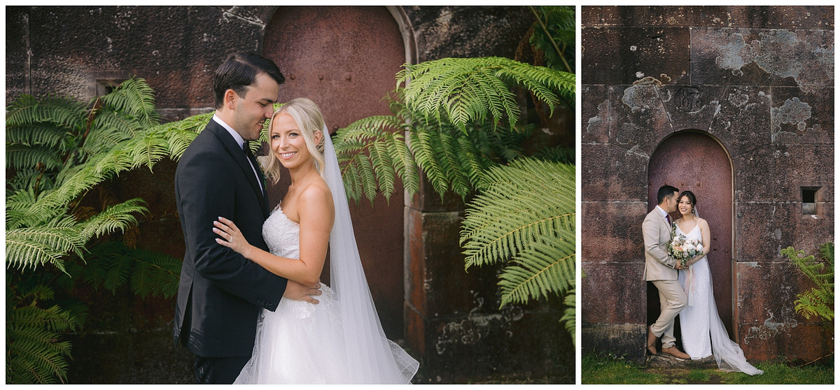 Wedding photos of bride and groom in front of the fort door at Gunners Barracks Mosman.