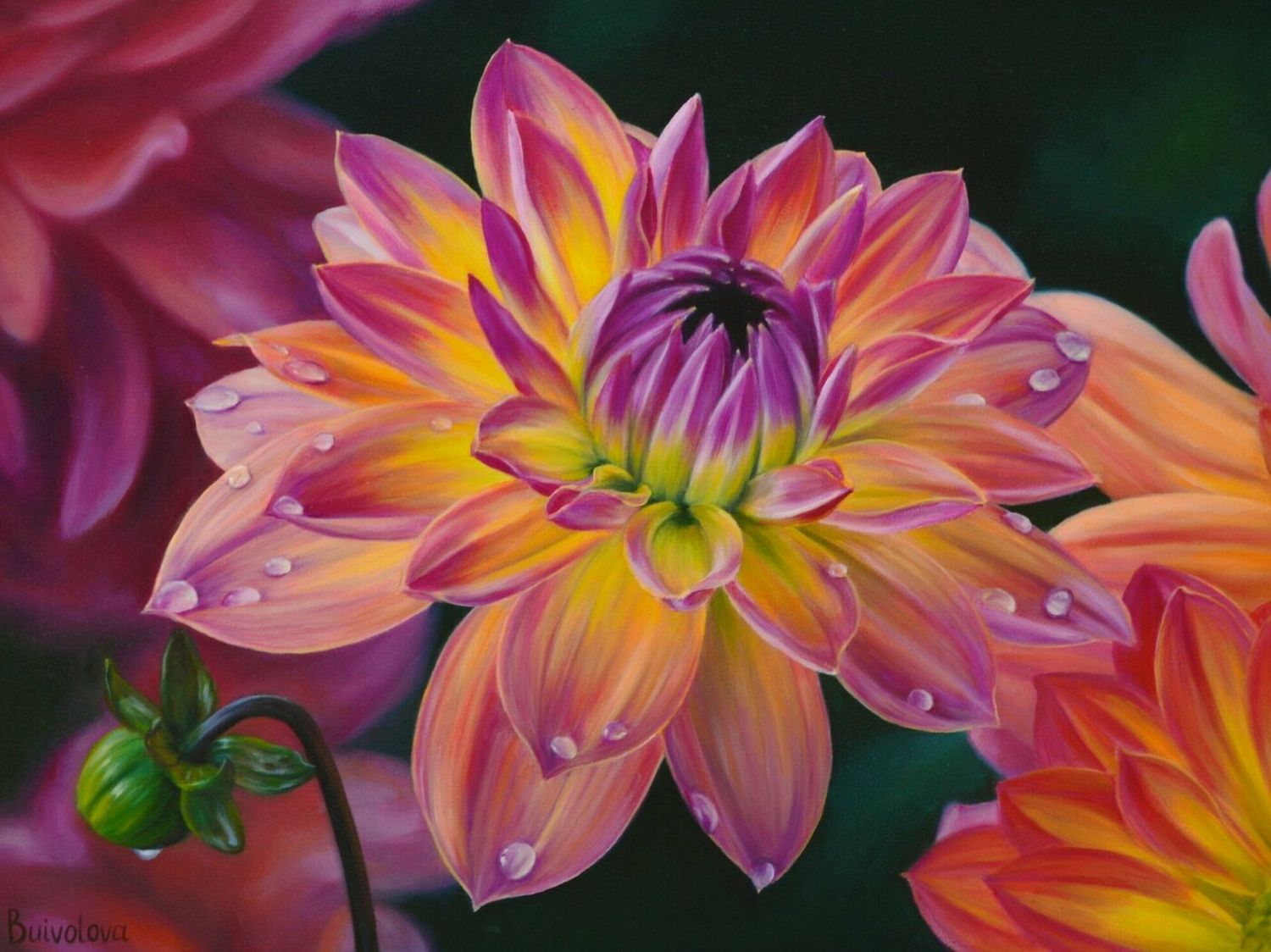 Realistic oil painting of a yellow and lilac dahlia in close-up view.