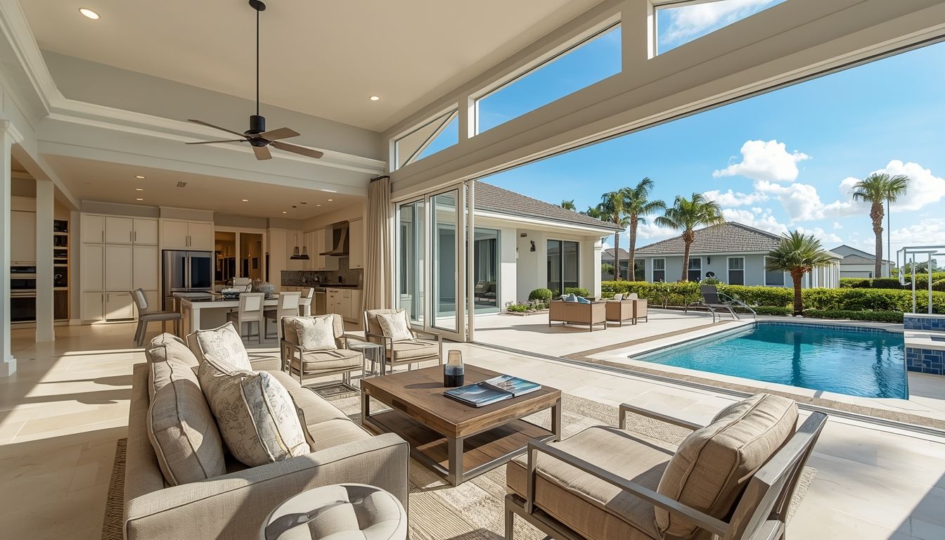 Modern indoor-outdoor living space with a pool view and tropical landscaping.