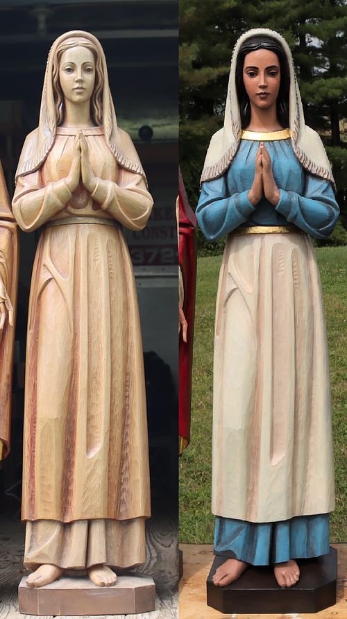 before and after a total restoration of a statue of St. Bernadette using professional paints and real gold leaf for St. Bernadette Catholic Church