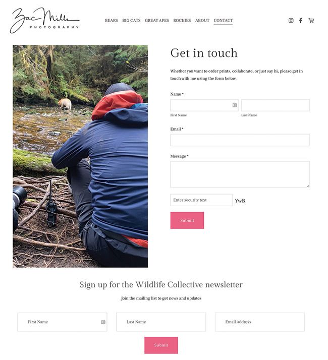Pagina dei contatti del portfolio fotografico di Zac Mill