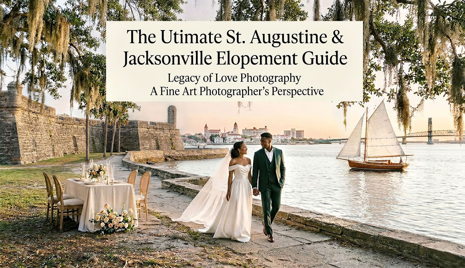 A bride and groom walk along the historic St. Augustine waterfront at sunset, featuring the Castillo de San Marcos and a sailboat in the background, as part of a fine art elopement photography guide for St. Augustine and Jacksonville.