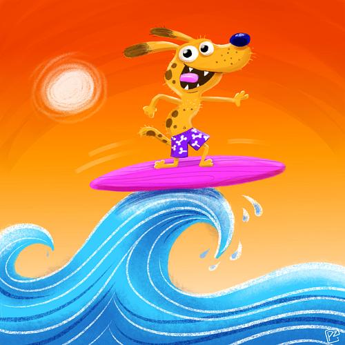 zonnige illustratie met olieverf van hond op een surfplank die een hoge golf trotseert.