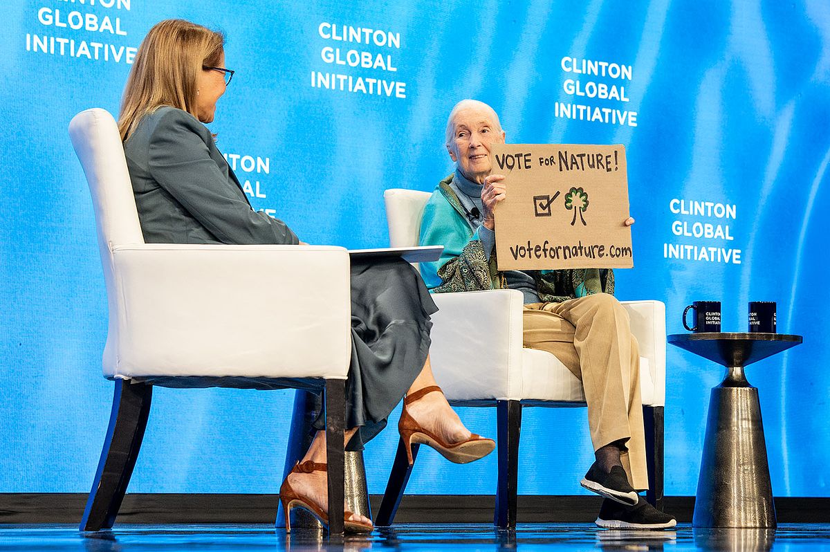 Corporate event photography capturing a globally recognized environmental advocate holding a &ldquo;Vote for Nature&rdquo; sign during a keynote session at the Clinton Global Initiative 2024 in New York City, emphasizing leadership, advocacy, and collective impact.