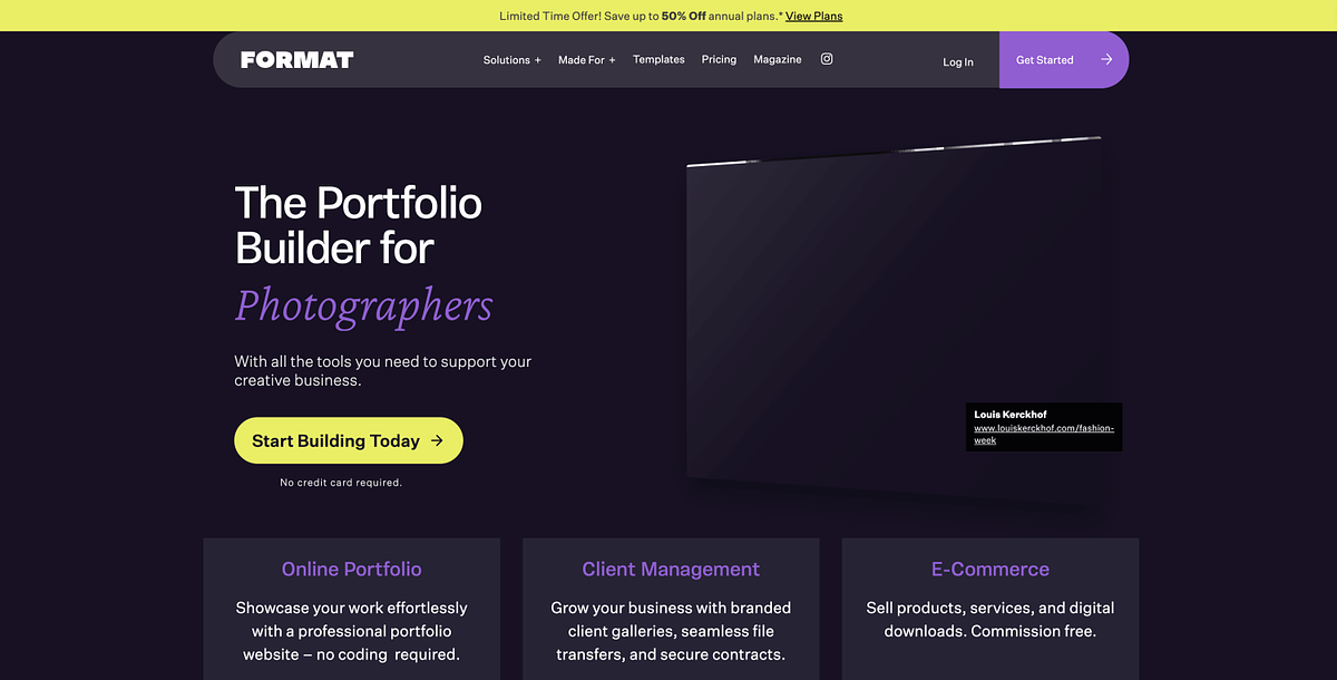 Format portfolio website builder with photographer-focused templates