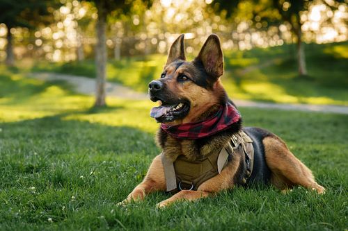 German Shepherd relaxing on the grass at the park.