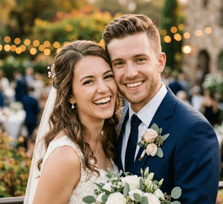 Smiling wedding couple Sarah and James during their intimate elopement celebration in a romantic outdoor courtyard in Northeast Florida.