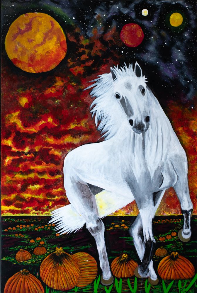 Cheval blanc galopant sous des planètes et un ciel cosmique, par Patrice Goubeau