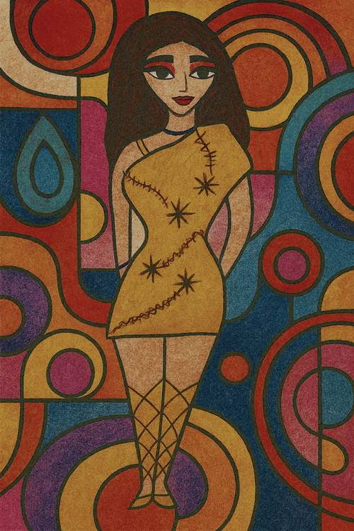 A stylized rendering of a woman stands against a vibrant, geometric background with circles and patterns. Her dress features star and stitch motifs.