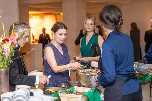 Elegant guests being served gourmet cuisine at Bundespresseball 2024 dinner event.