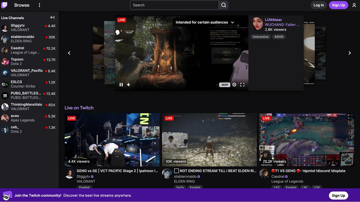 Screenshot of Twitch's home page