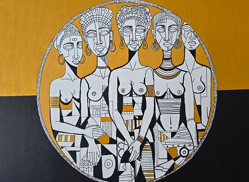 Lydia Peters Art, The Collective Anchor, The Internal Canvas Collection, Lydia Peters Fine Art, five figures abstract painting, Caribbean sisterhood art, black gold white cubism, geometric community portrait.