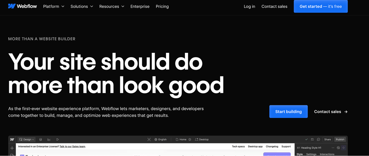 Immagine della home page di Webflow