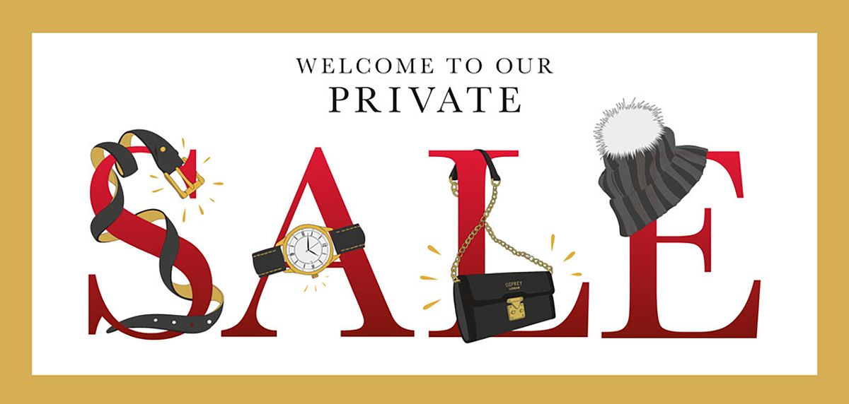 illustrations of belts, watches, handbags and hats draped over the word SALE