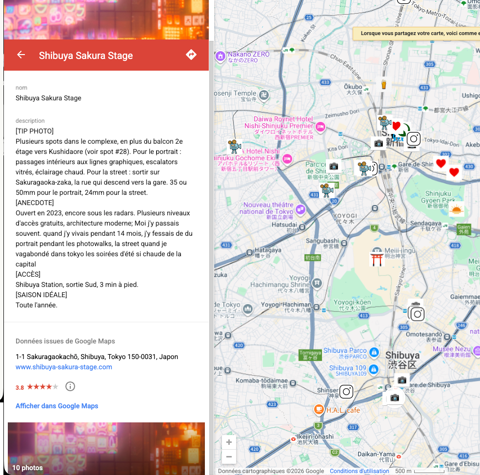 Carte Google My Maps de Tokyo ouverte sur la fiche d'un spot, avec description et accès