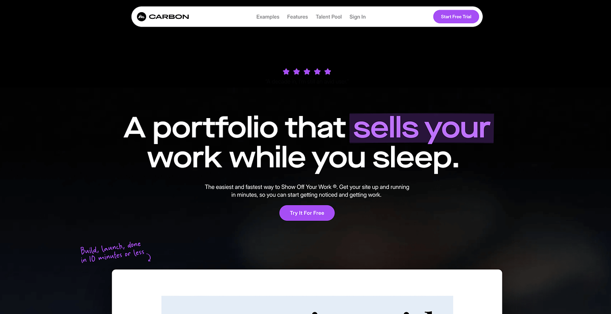 На главной странице Carbonmade представлен простой конструктор портфолио для дизайнеров и иллюстраторов.