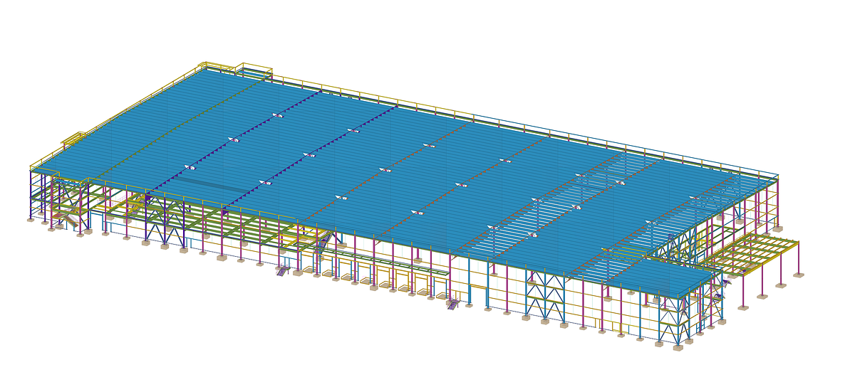 Tekla model of a multi-storey office building with steel framing