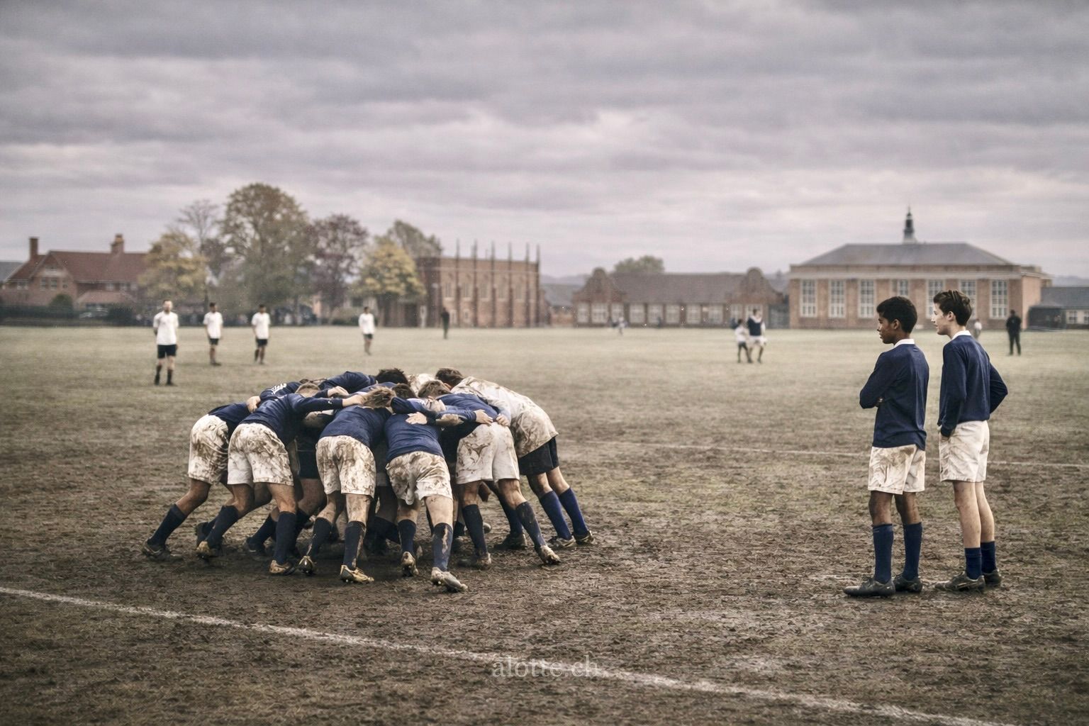 Illustration of Martin Potter and friends playing rugby at Wellington School in Somerset, UK