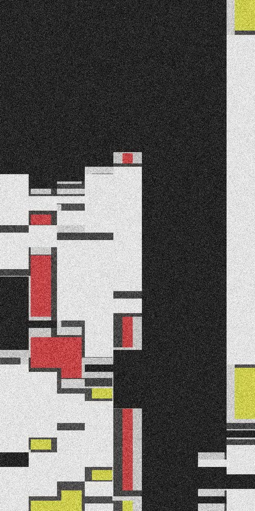 A dynamic arrangement of geometric shapes in red, yellow, black, and white. The composition is minimalistic yet visually engaging.