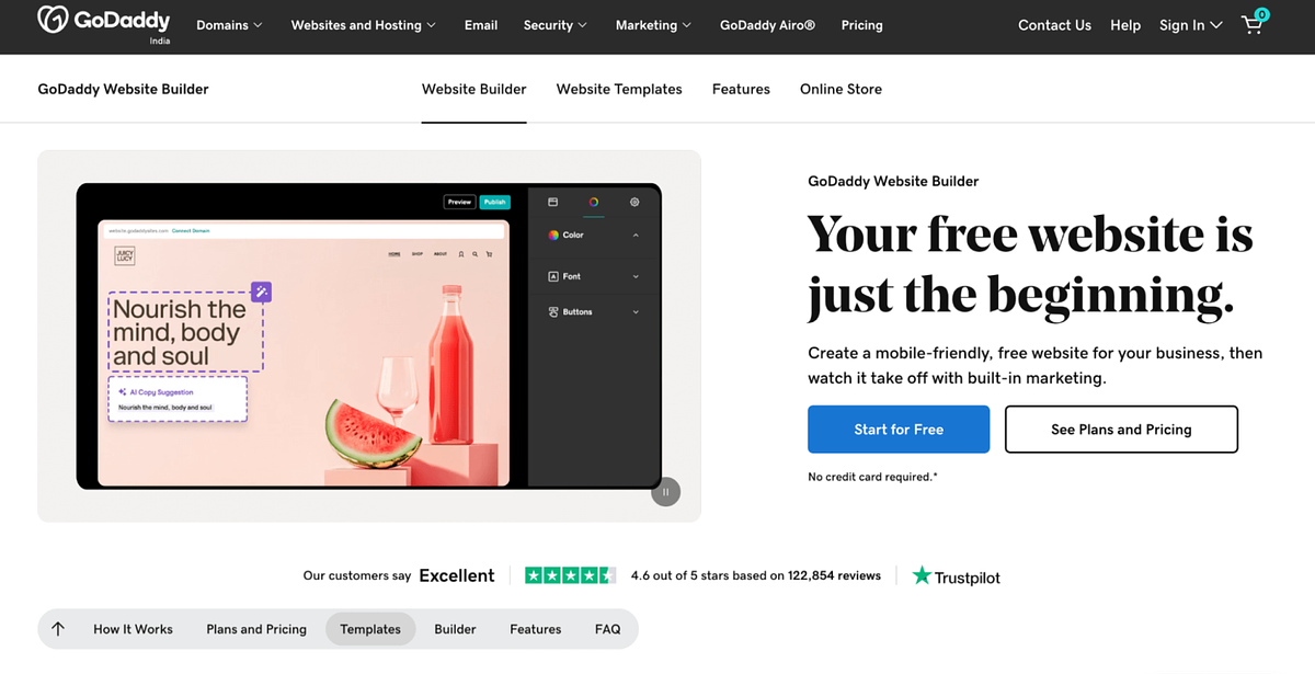 Zrzut ekranu strony głównej narzędzia do tworzenia witryn GoDaddy