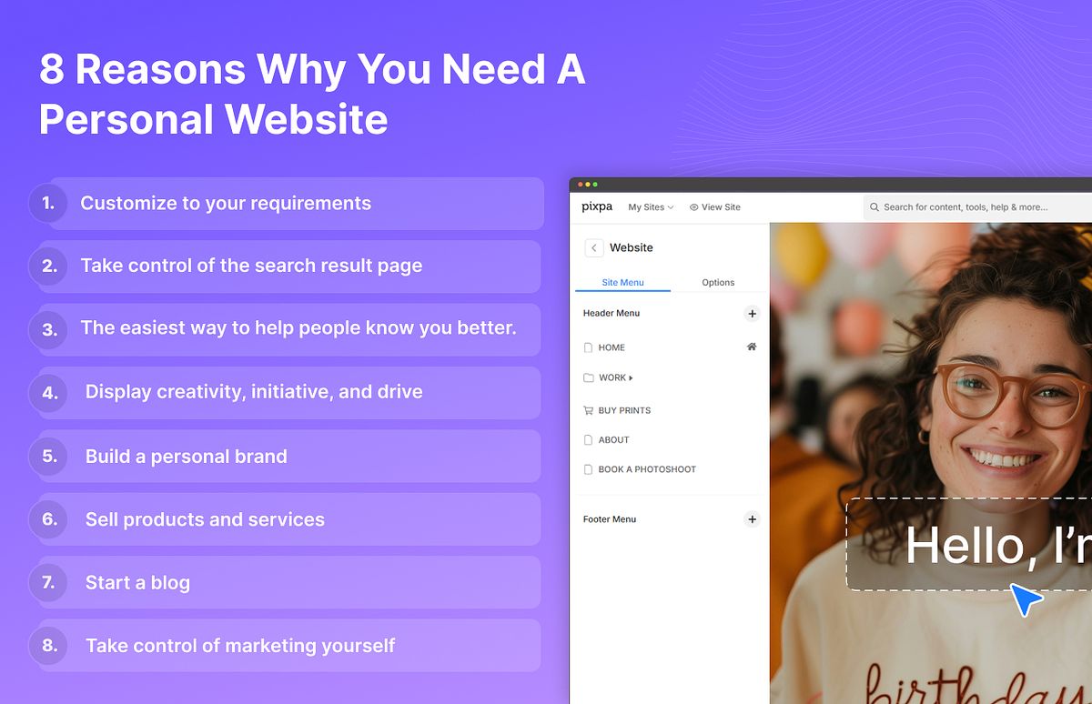 Infographic showing 8 reasons why you need a personal website