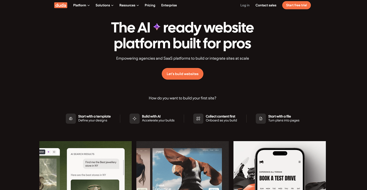 Duda homepage showing the agency-focused website builder with white-label features