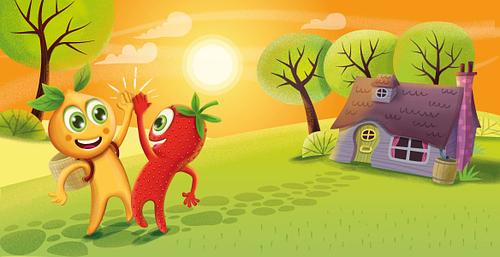 kinderboek illustratie voor vitamine snoepje. Vriendschap tussen twee smaakpoppetjes is het thema.