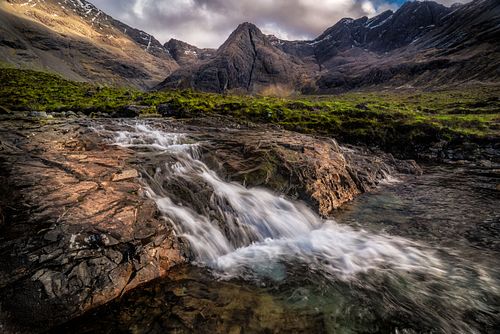 Mountains, Allt Coire a' Mhadaidh, Coire na Creiche, Glen, Brittle, Highlands, Scotland, fairy pools, clouds, spring, sky, Isle of Skye, mor, ridge, hike, adventure, nature, landscape, United Kingdom, UK,