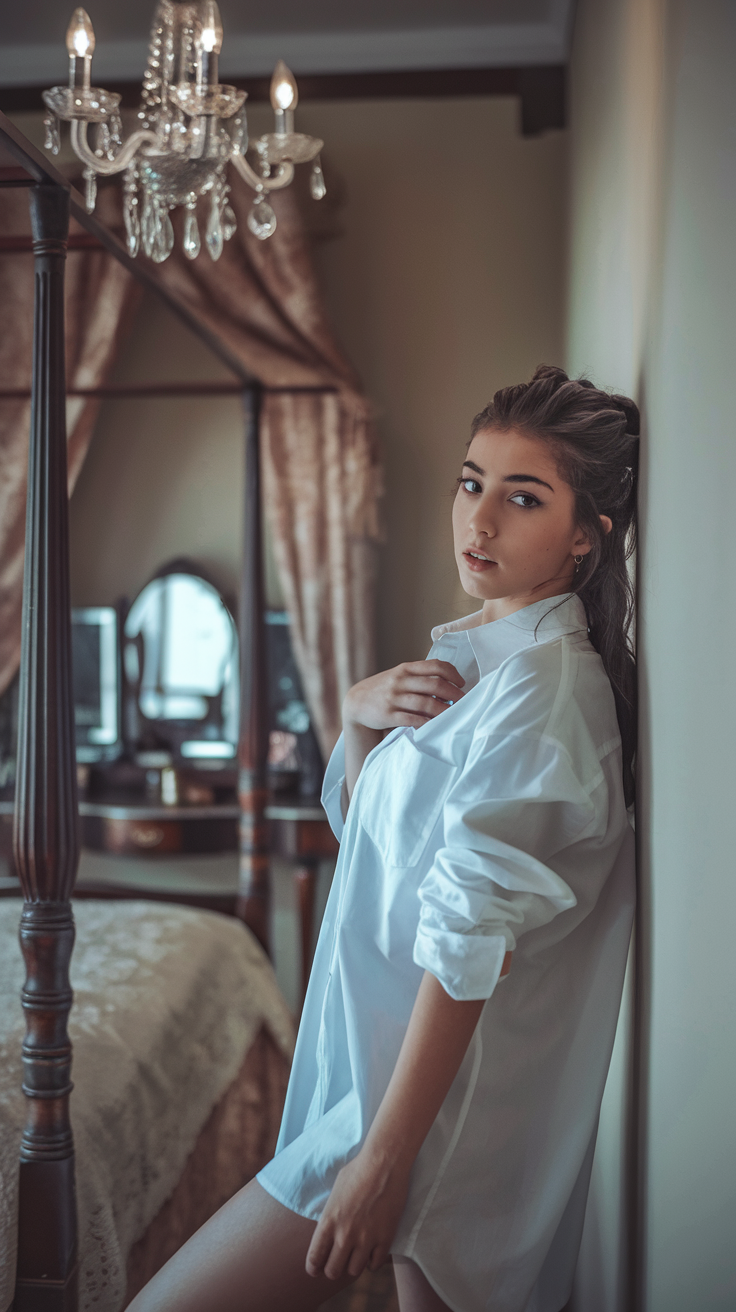 Empowering boudoir portrait with confident pose and soft lighting