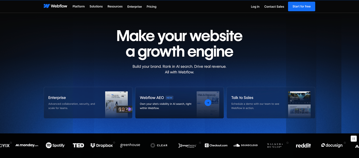 На главной странице Webflow рекламируется визуальный конструктор сайтов с возможностями управления дизайном на уровне разработчиков.