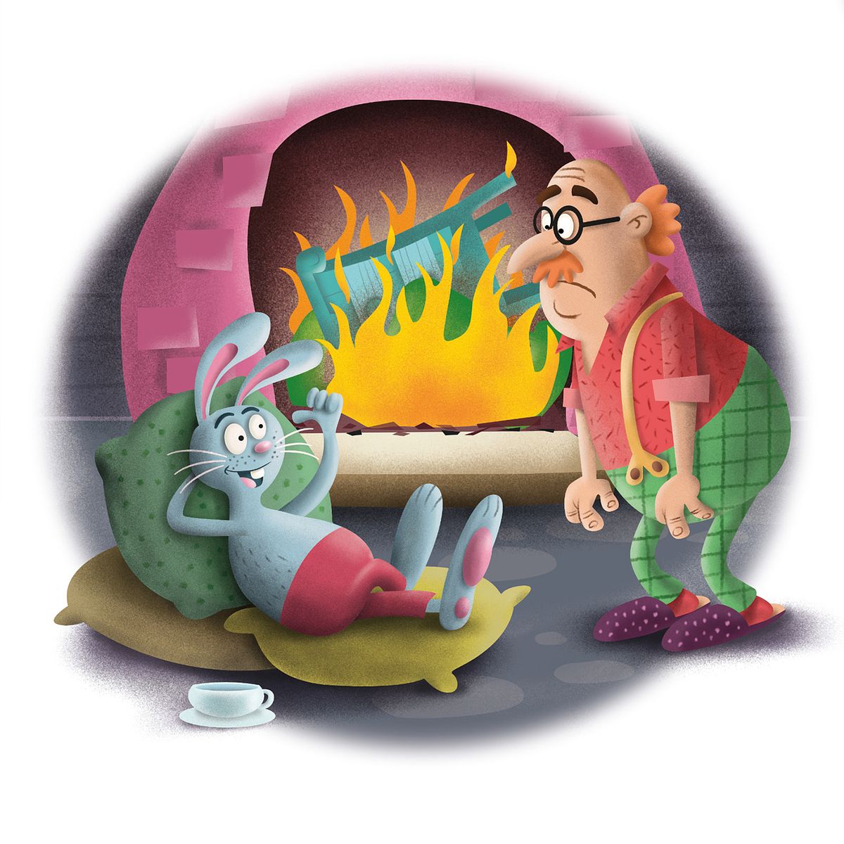 poetzarelli, llustratie kinderboek, konijn ligt lui voor het gezellige vuurhaard