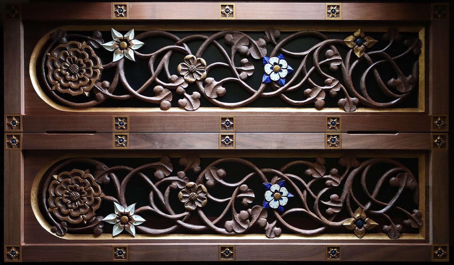 Hand-carved vines and flowers in door panels for Shrine for the Blessed Virgin Mary at St. Bernadette Catholic Church in Lancaster, Ohio