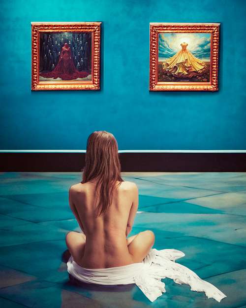 Photographie fine art d&rsquo;une femme nue assise de dos devant deux tableaux repr&eacute;sentant des robes symboliques, explorant le choix d&rsquo;identit&eacute; f&eacute;minine et la pression des r&ocirc;les impos&eacute;s &mdash; &oelig;uvre de Pascal Yennis, Namur, Belgique.