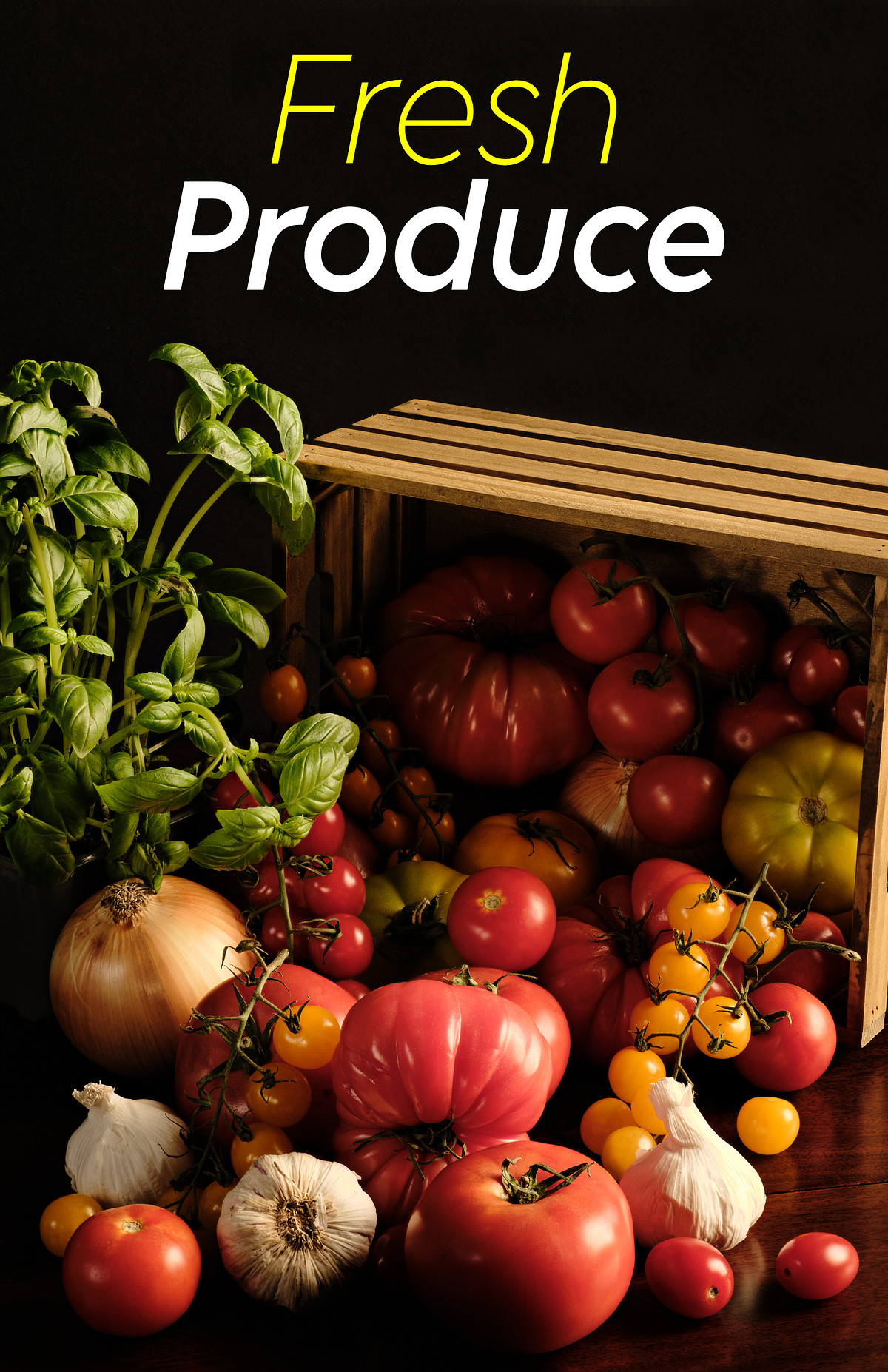 Assortment of fresh produce spilling from a wooden crate in moody lighting.