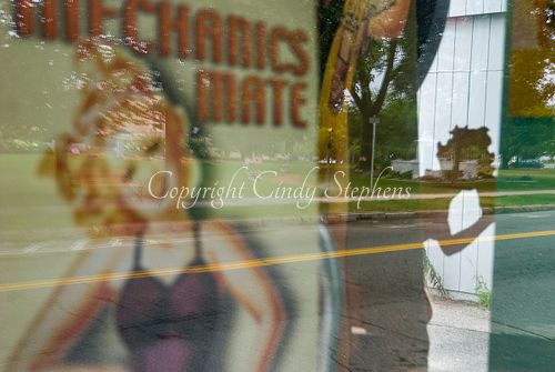 vintage mid-century Mechanics Mate poster park shadow figure doorway