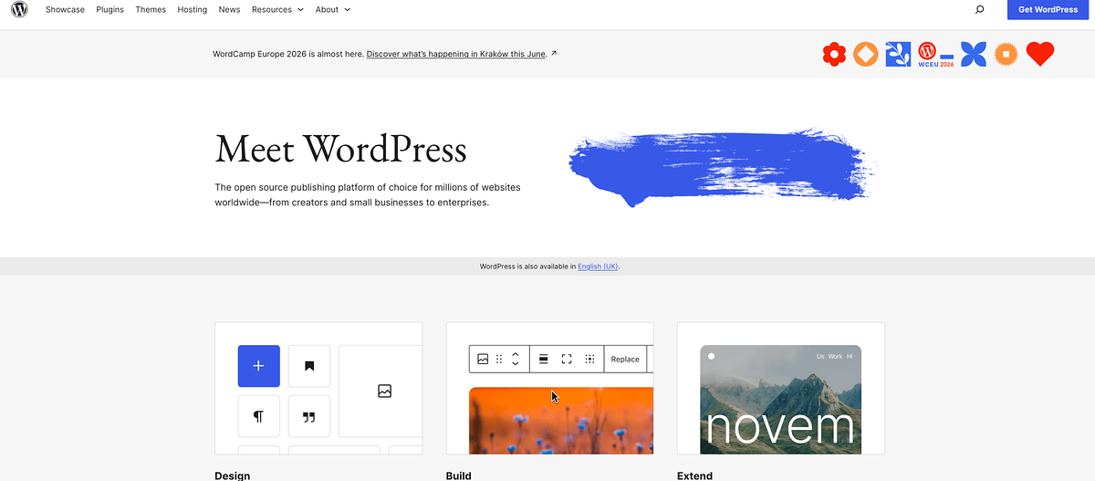 WordPress.org homepage showing the open-source content management platform