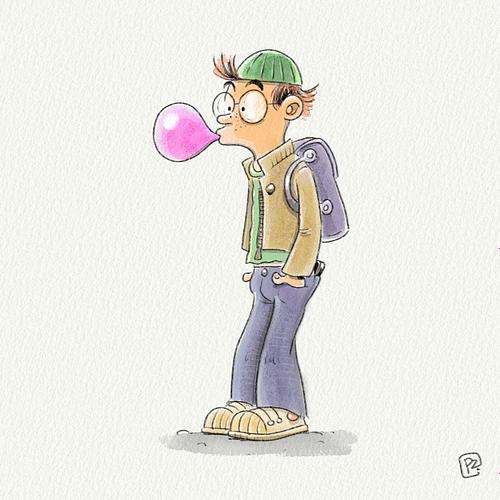 Illustratie in aquarelle van schooljongen die een grote roze kauwgum ballon blaast.