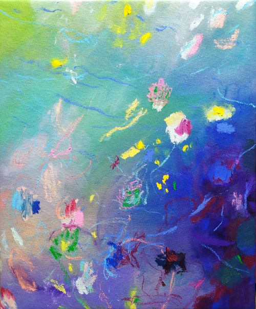 peinture abstraite, toile abstraite contemporaine, moyen format, 38x46 cm, vert, rose, violet, art abstrait contemporain, expressionnisme abstrait, abstraction lyrique, acrylique, oil sticks, techniques mixtes sur toile, collection R&ecirc;ves de Douceur, tableau original, tableau vendu