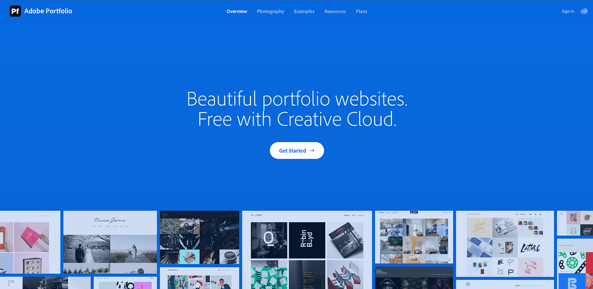 На главной странице Adobe Portfolio рекламируется конструктор портфолио, входящий в состав подписки Creative Cloud.