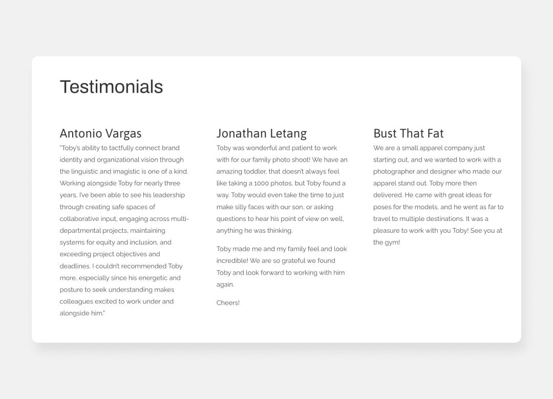 Example of a testimonial page