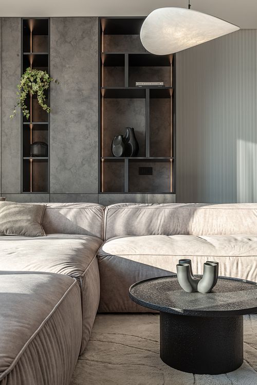 Living room interior bathed in hard sunlight – Scala project