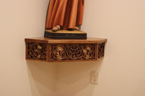 detail of installed shelf carved and finished by hand for the Sisters' Chapel