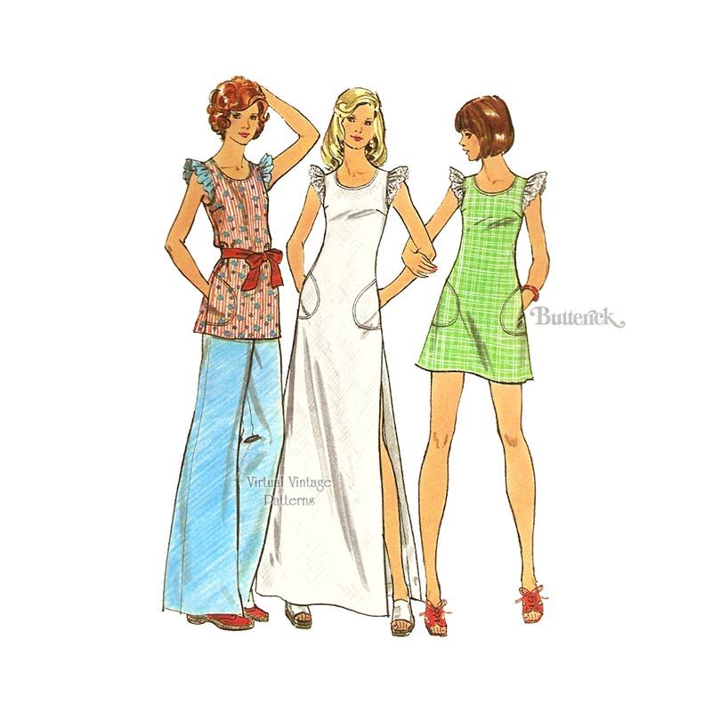 70s Boho Babydoll Dress Pattern, Butterick 3082, Long or Mini Dress, Tunic  & Pants