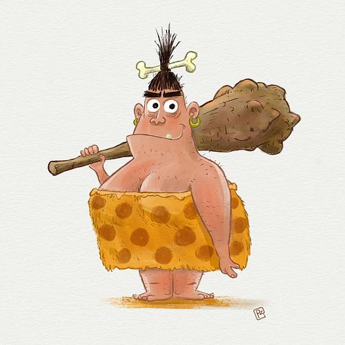 illustratie kinderboek van een grappig oermens met tijgervel en grote knots in de hand.