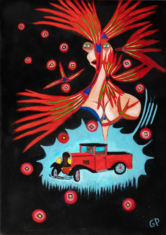 Figure aux plumes rouges avec camion rouge sur fond noir et bleu, par Patrice Goubeau