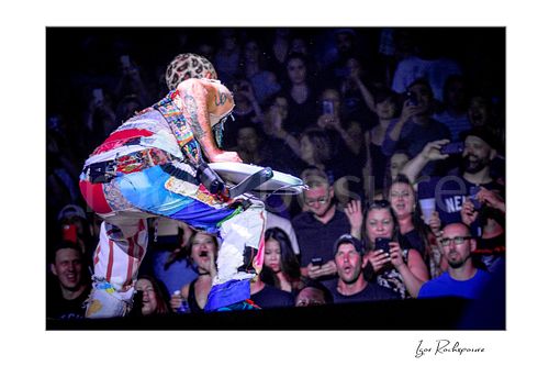 Horizontal color image of Flea of Red Hot Chili Peppers crouched at the edge of the stage with his bass, facing a packed crowd of fans under vivid concert light