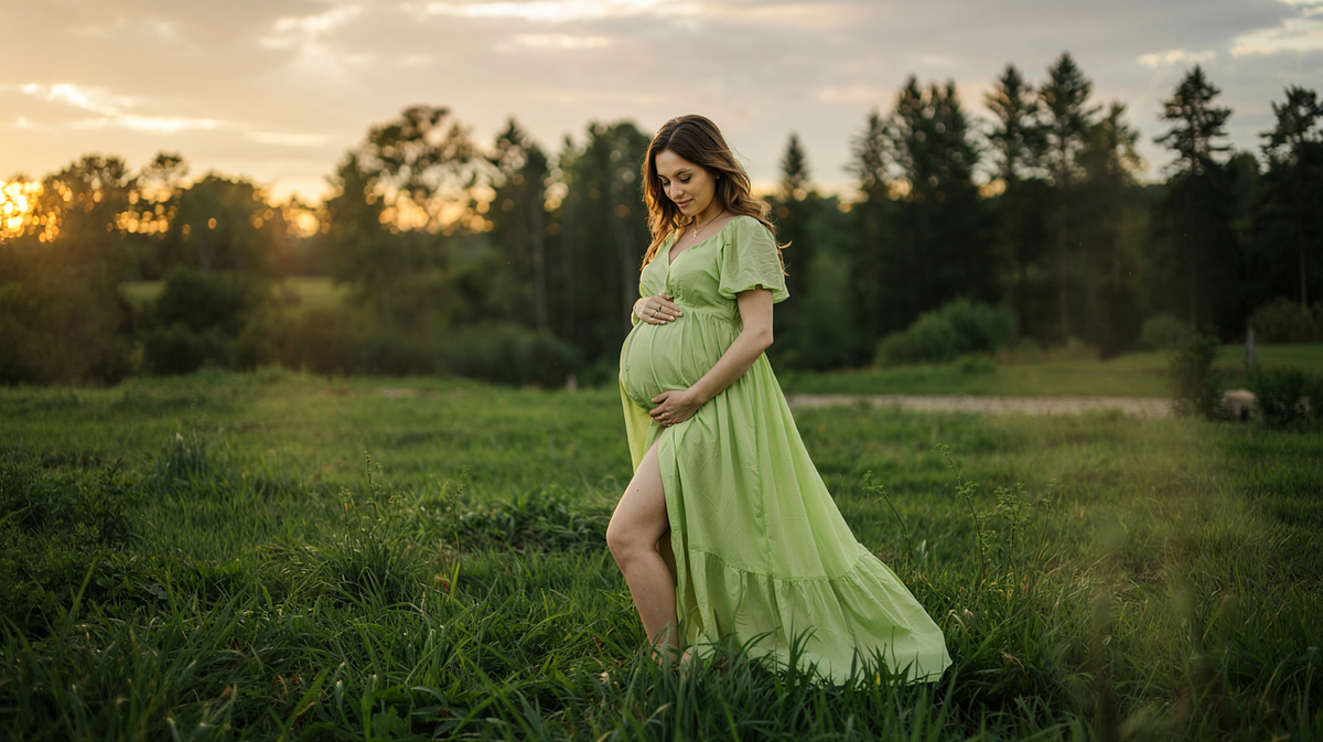 Pregnant woman posing in natural light with a flowing maternity gown.